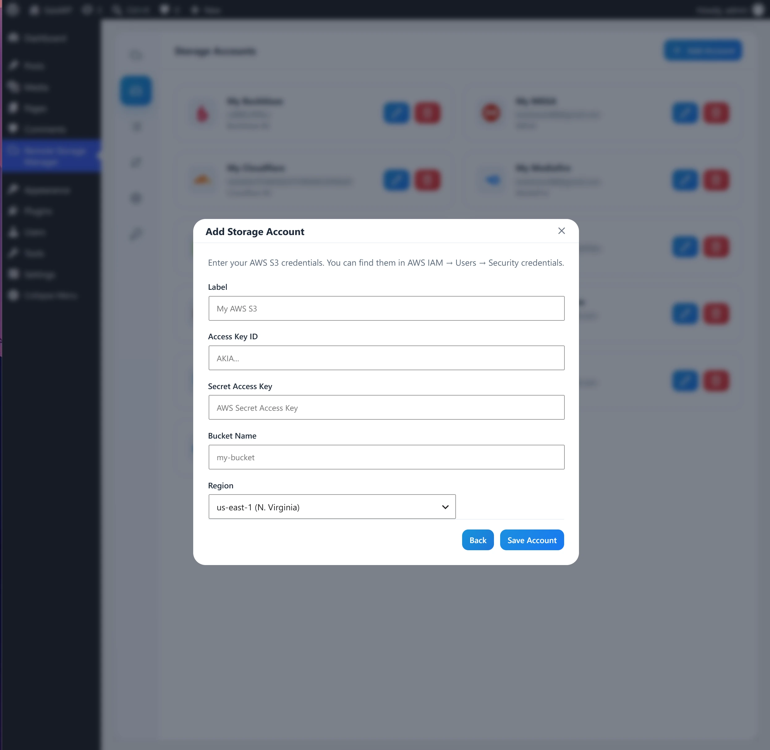 AWS S3 connection form