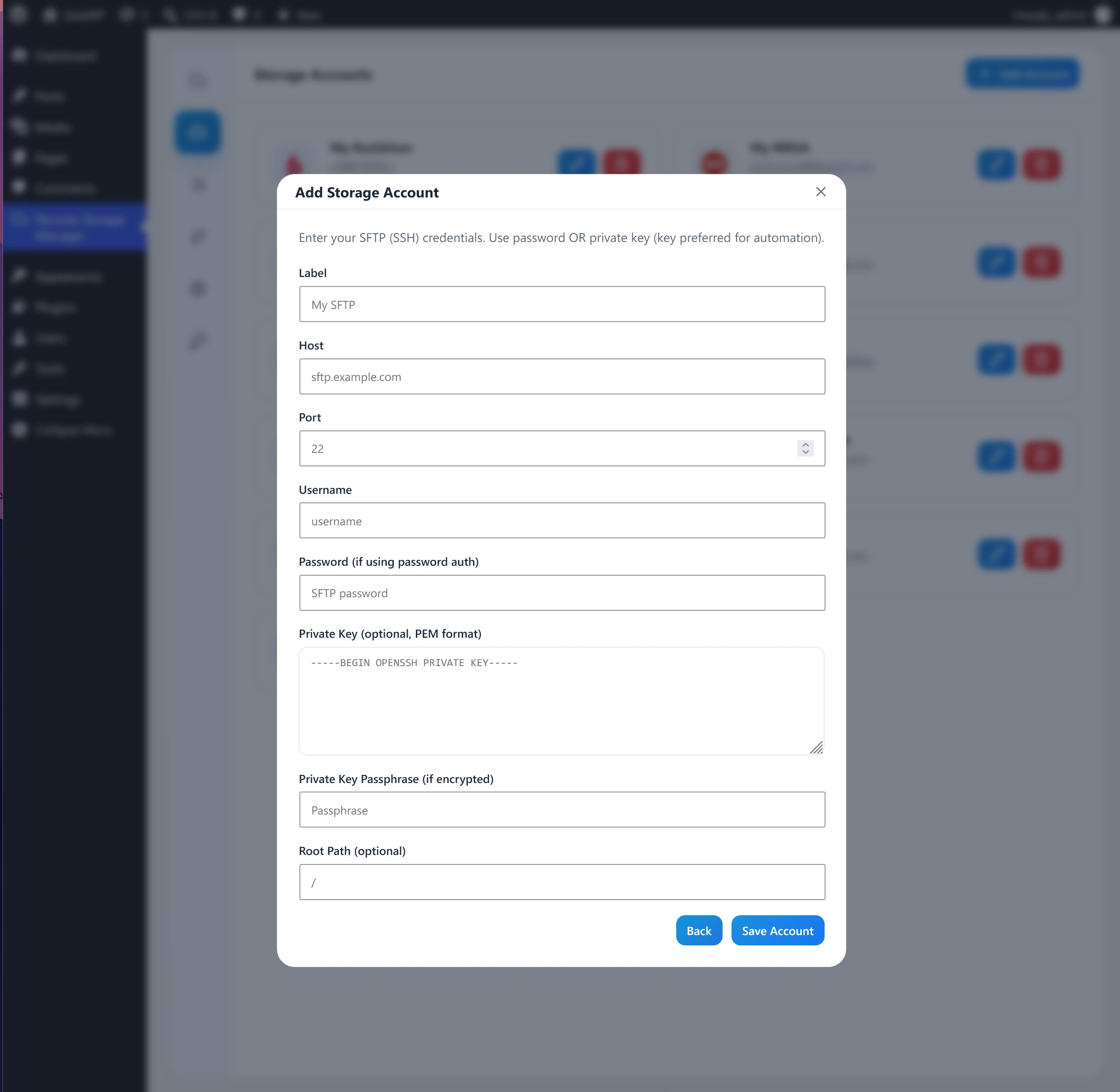 SFTP connection form