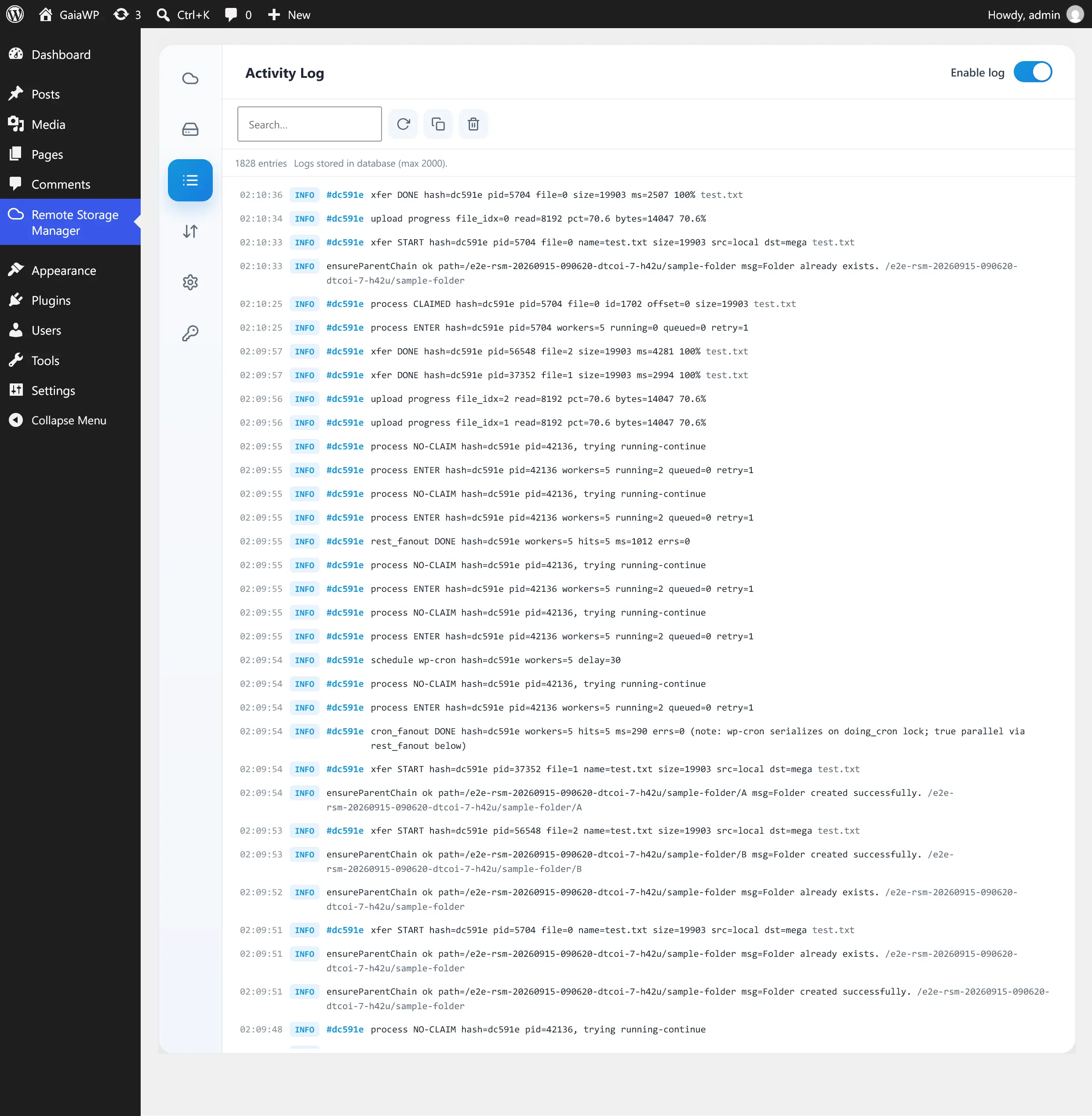 Activity Log with entries and controls
