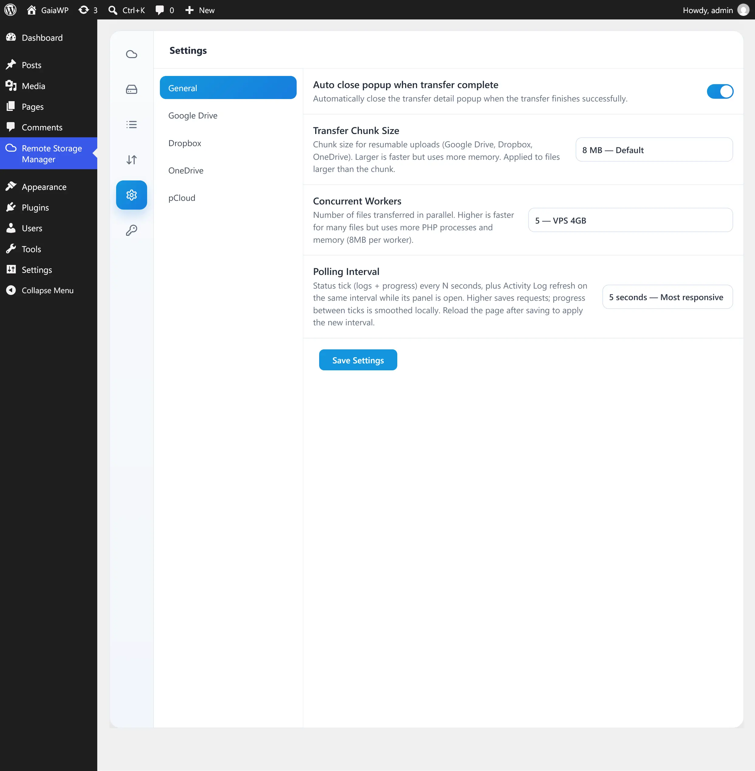 General settings with chunk size, workers, and polling