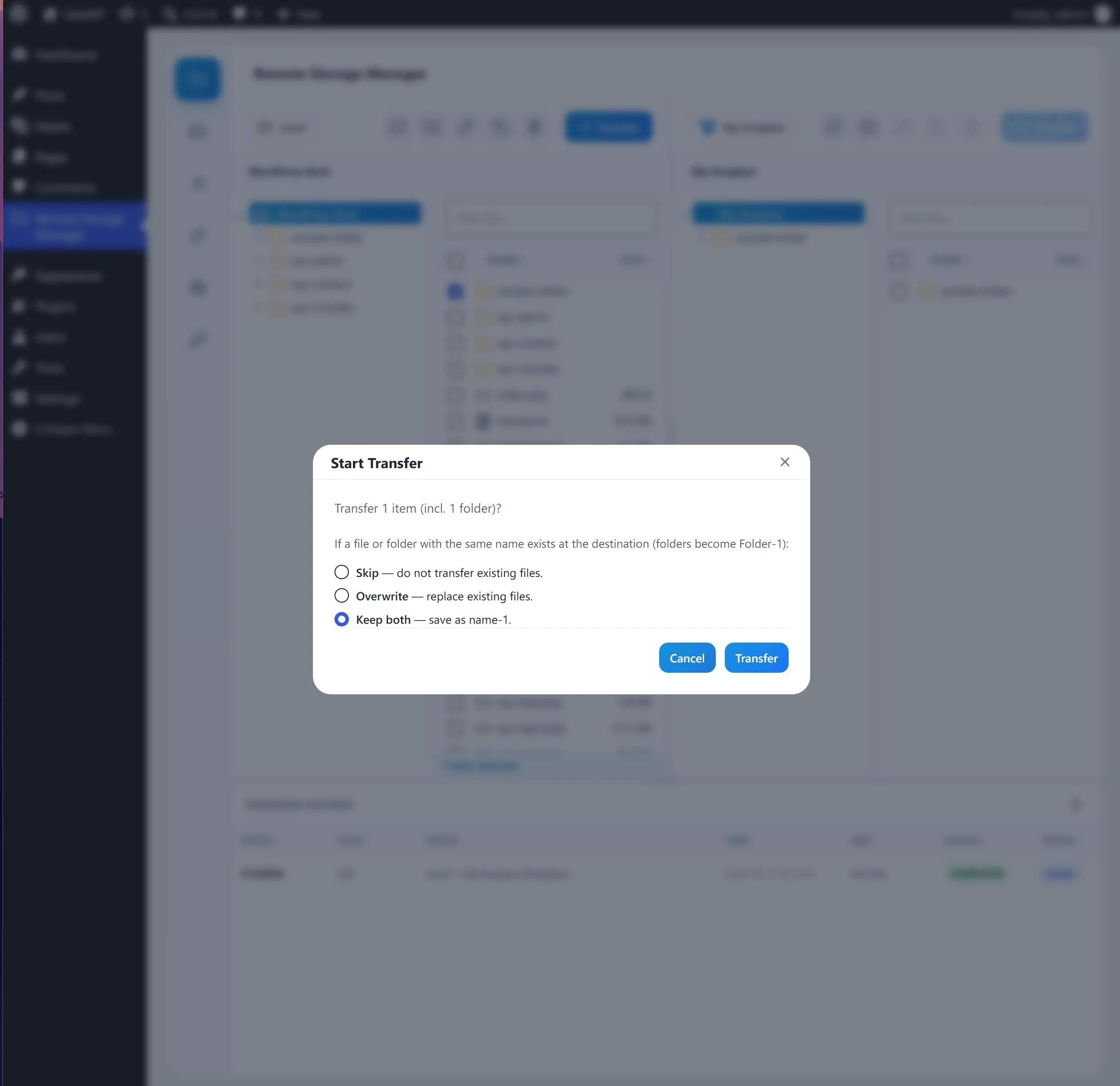Conflict choice dialog with Skip, Overwrite, and Keep both