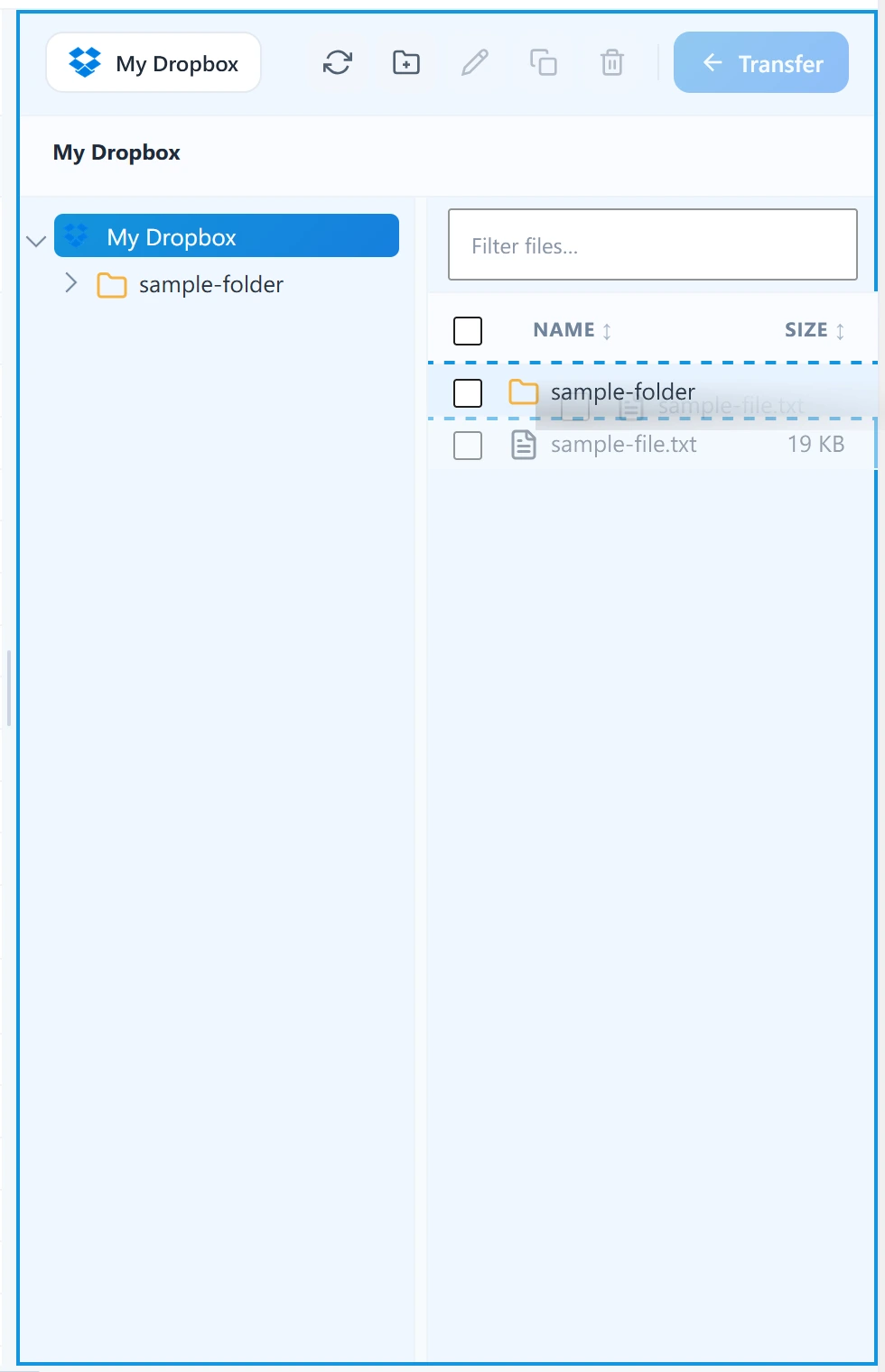 Dragging files between panels