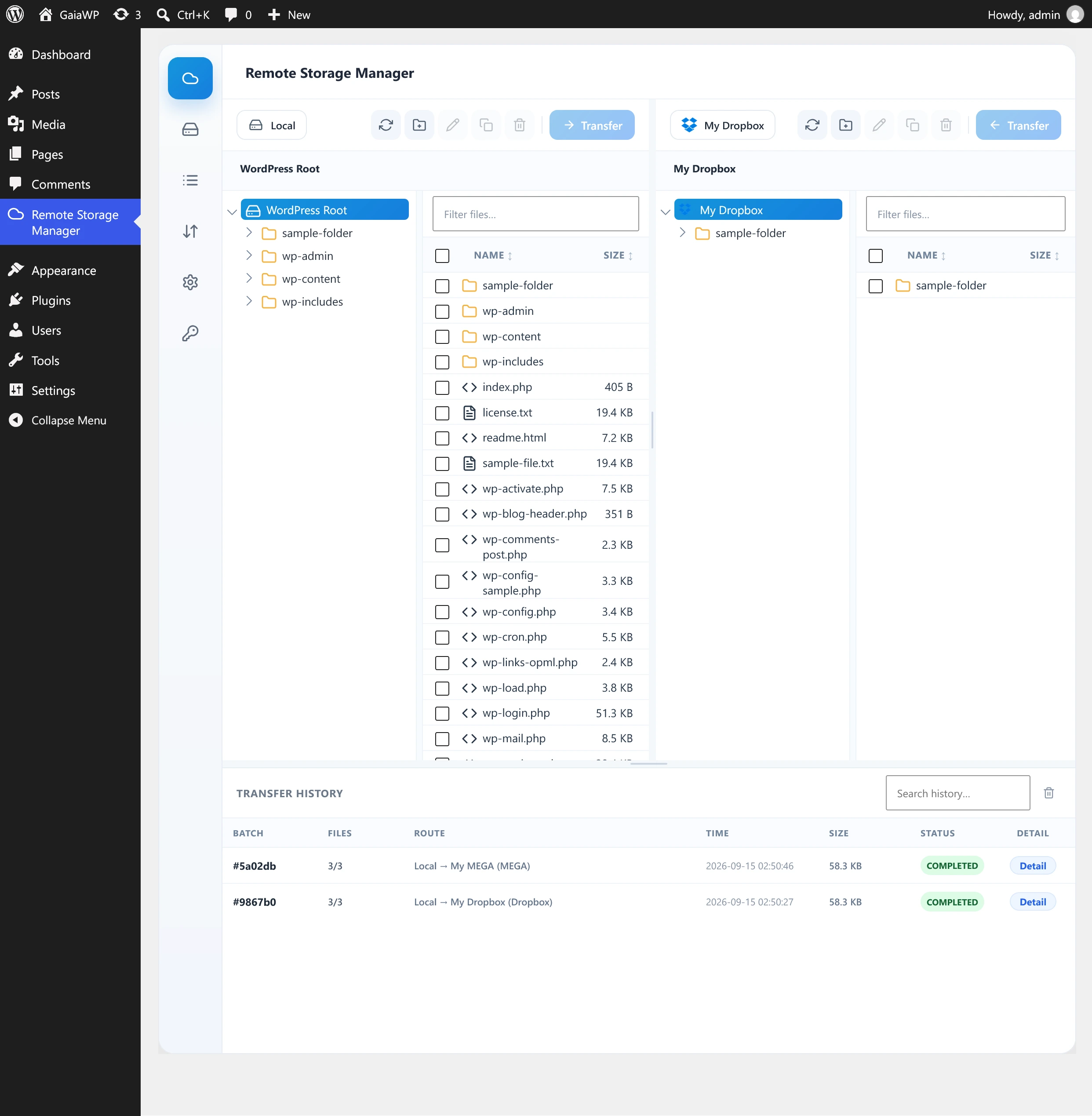 Transfer tab with both panels open