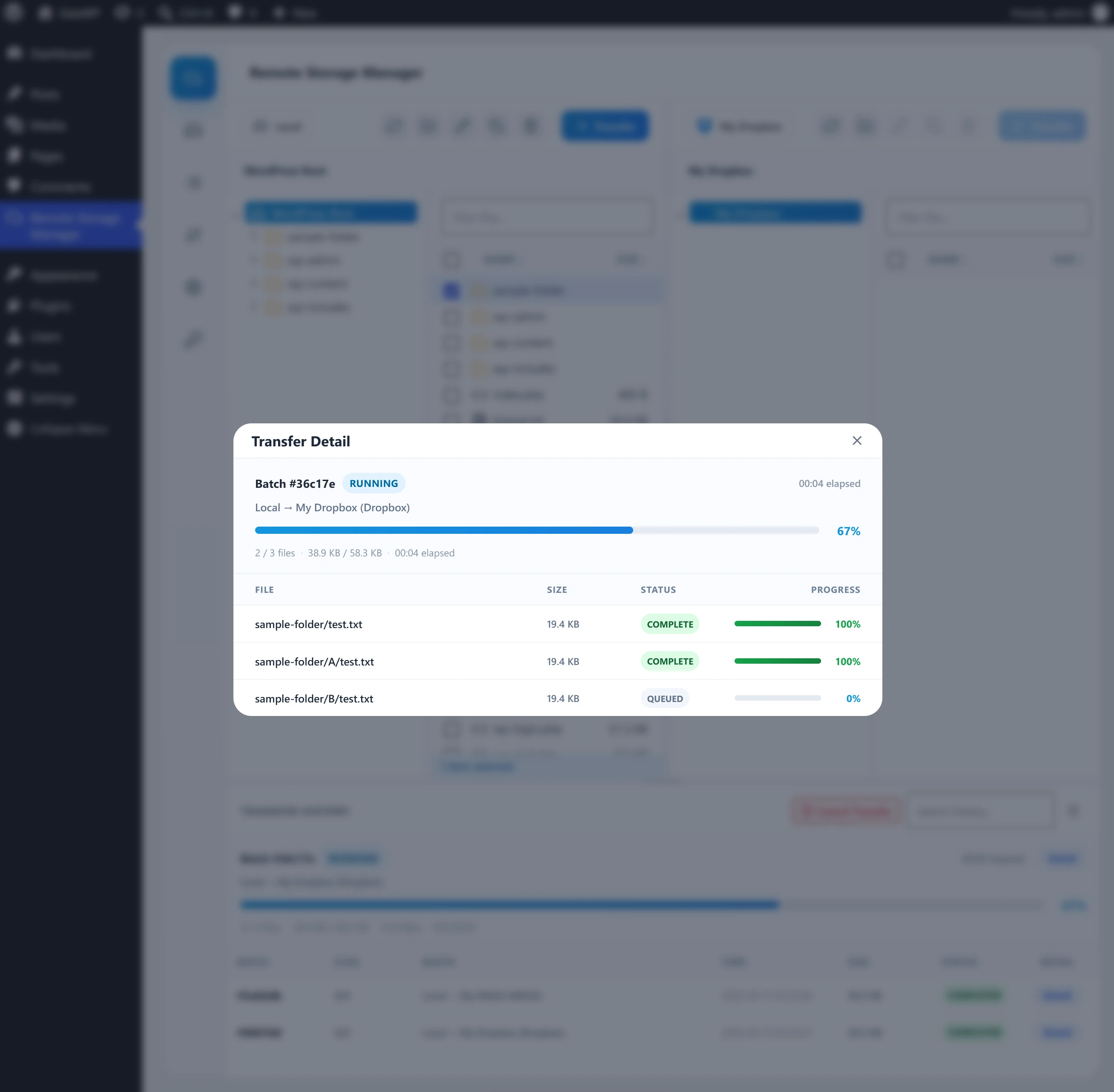 Live transfer progress with per-file speed and ETA